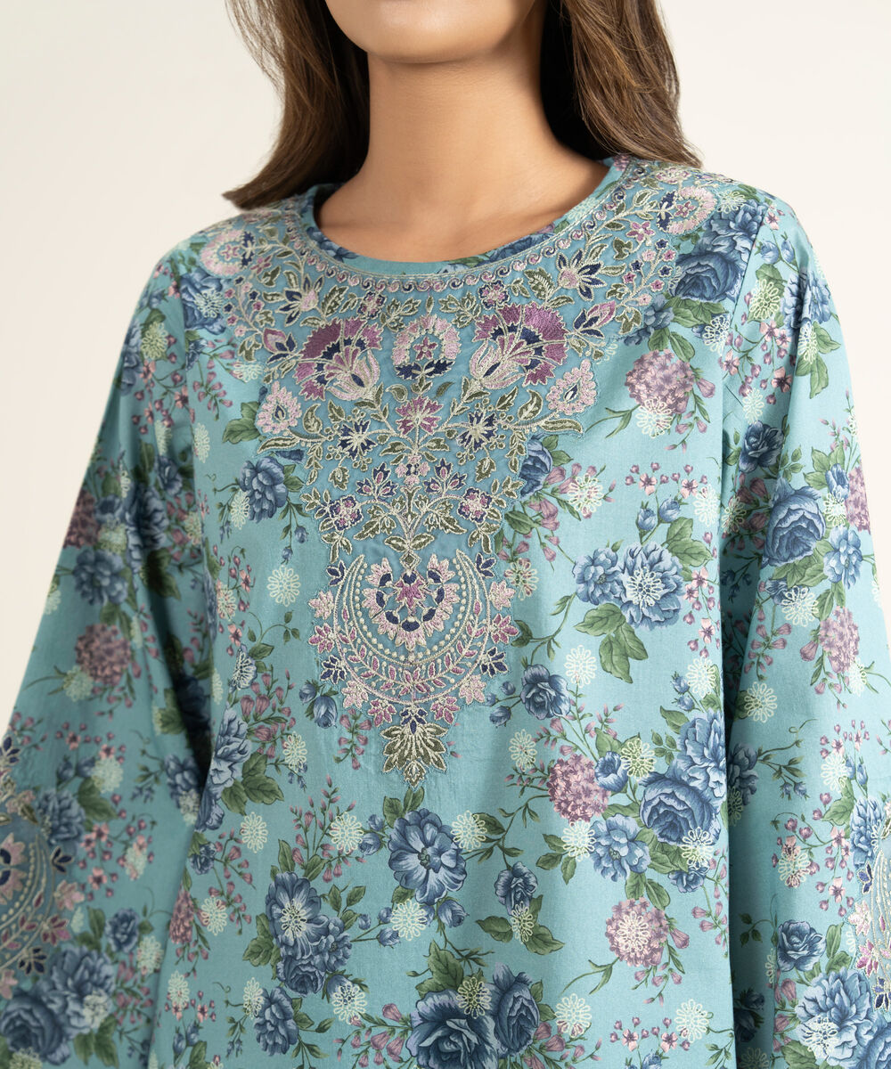 Women's Unstitched Lawn Embroidered Blue 3 Piece Suit