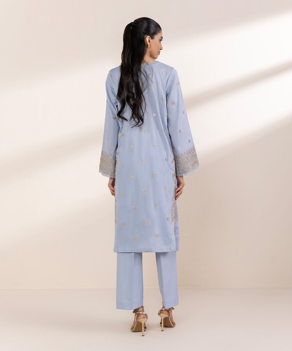 Women's RTW Dobby Blue Embroidered A-Line Shirt