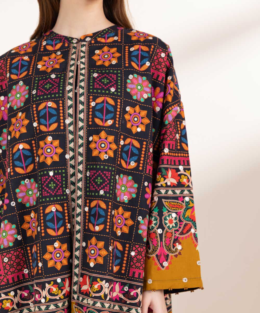 Women's Pret Cambric Black Embroidered Straight Shirt