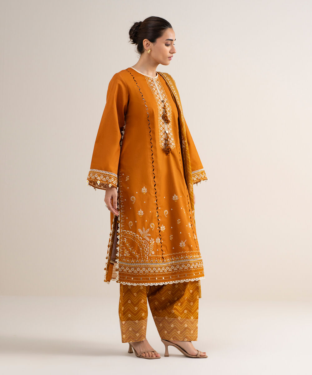 Women's Unstitched Cotton Embroidered Orange 3 Piece Suit