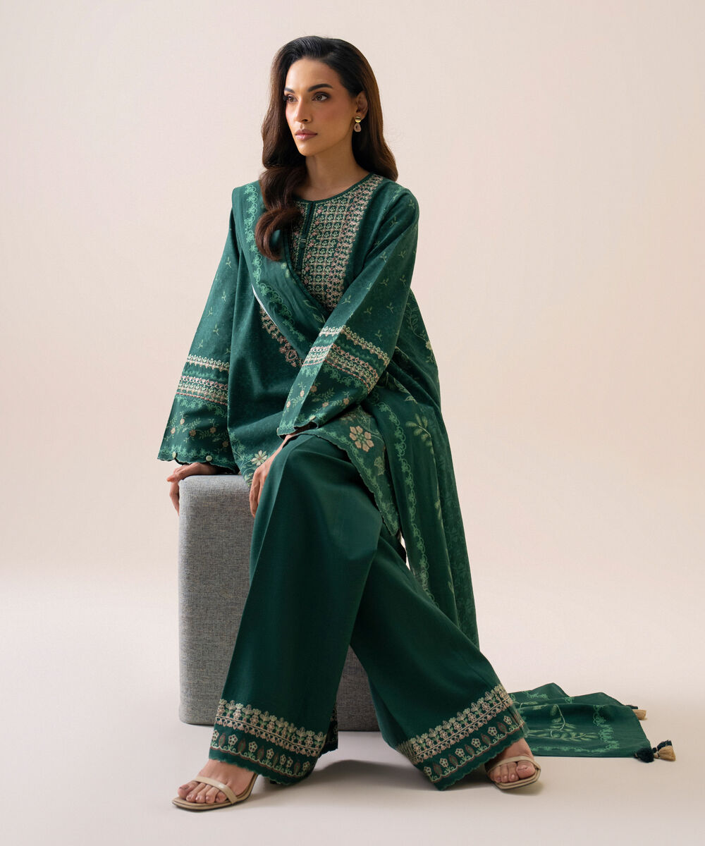 Women's Unstitched Light Khaddar Embroidered Green 3 Piece Suit