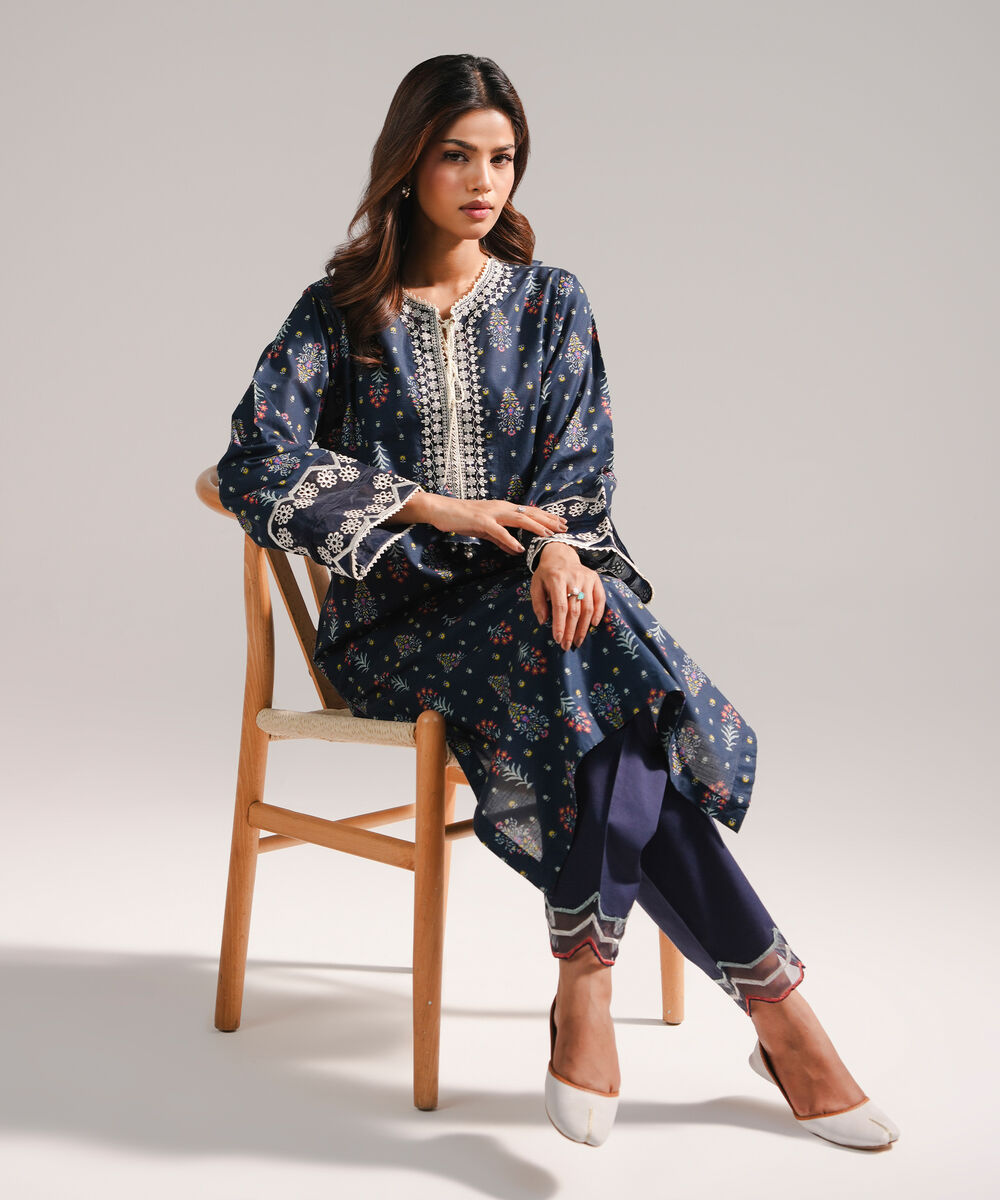Women's RTW Slub Lawn Embroidered Dark Blue Straight Shirt