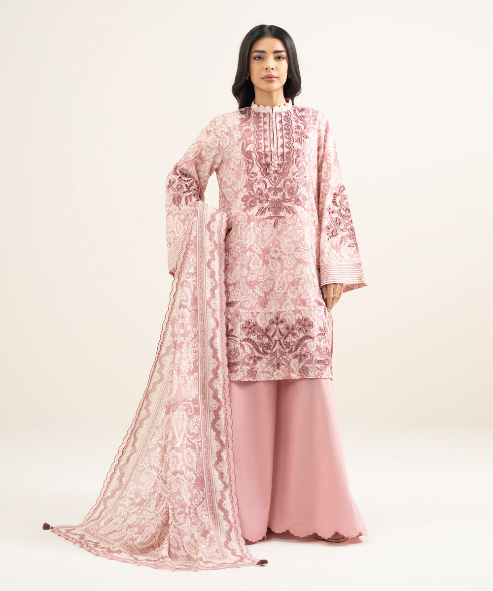 Women's Unstitched Lawn Embroidered Tea Pink 3 Piece Suit