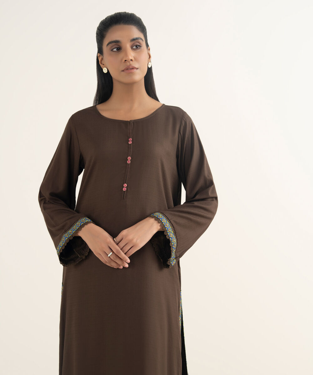 Women's RTW Textured Viscose Solid Brown Straight Shirt