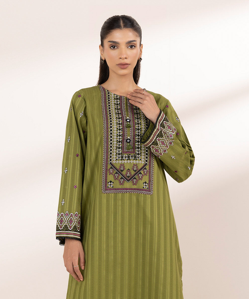 Women's RTW Textured Cotton Green Embroidered A-Line Shirt