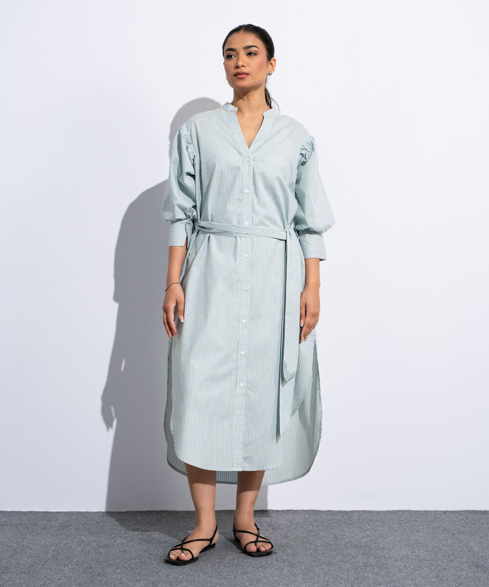 Women's Multi Striped Poplin Dress With Puffed Sleeves
