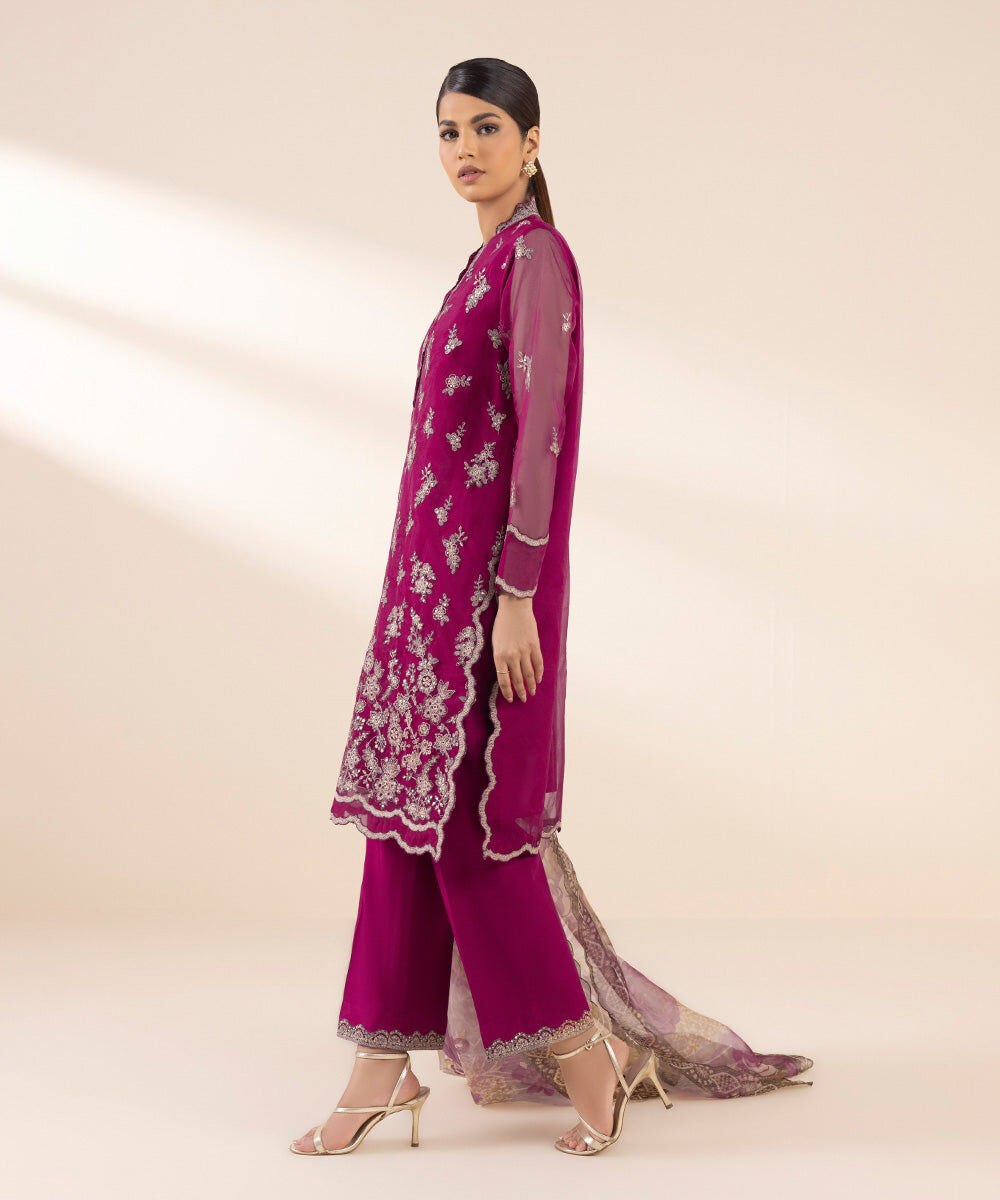 Woman - Pink 3 Piece - Embroidered Organza Suit