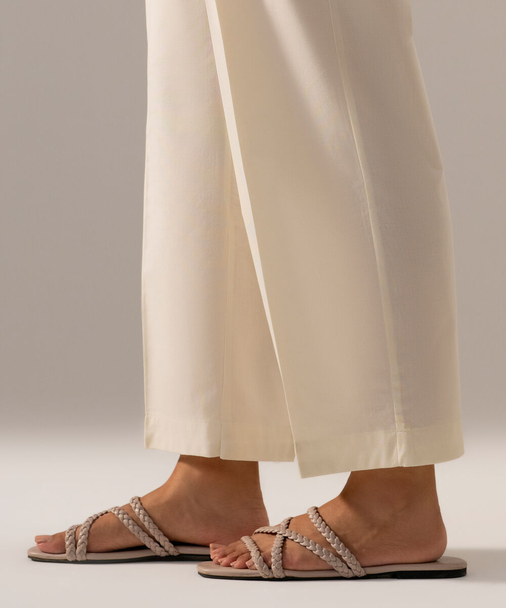 Women's RTW Cambric Solid Off White Straight Pants