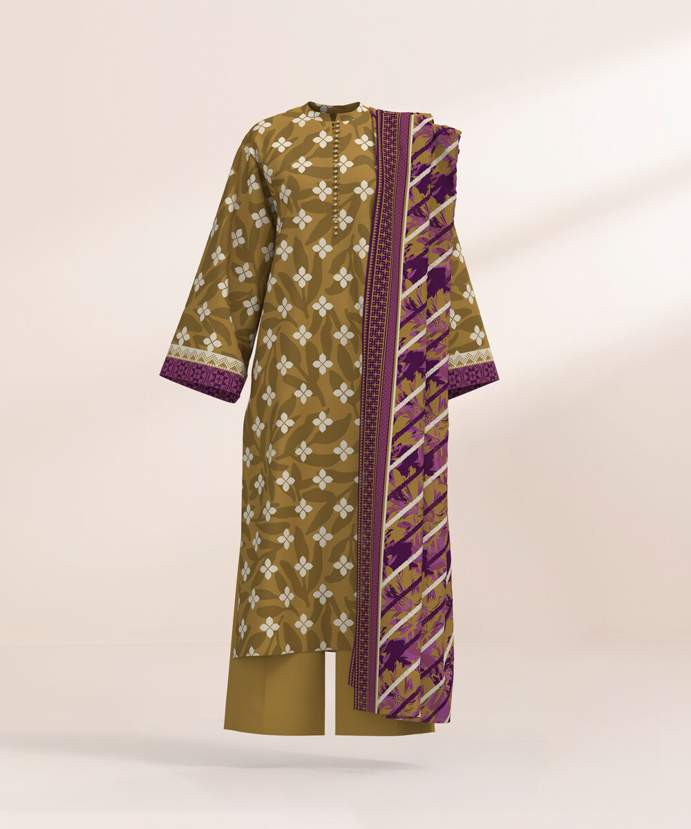 Women's Three Piece Printed Mustard Lawn Suit