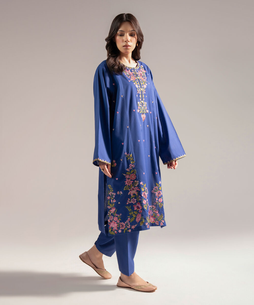 Women's RTW Slub Lawn Embroidered Straight Dark Blue Shirt
