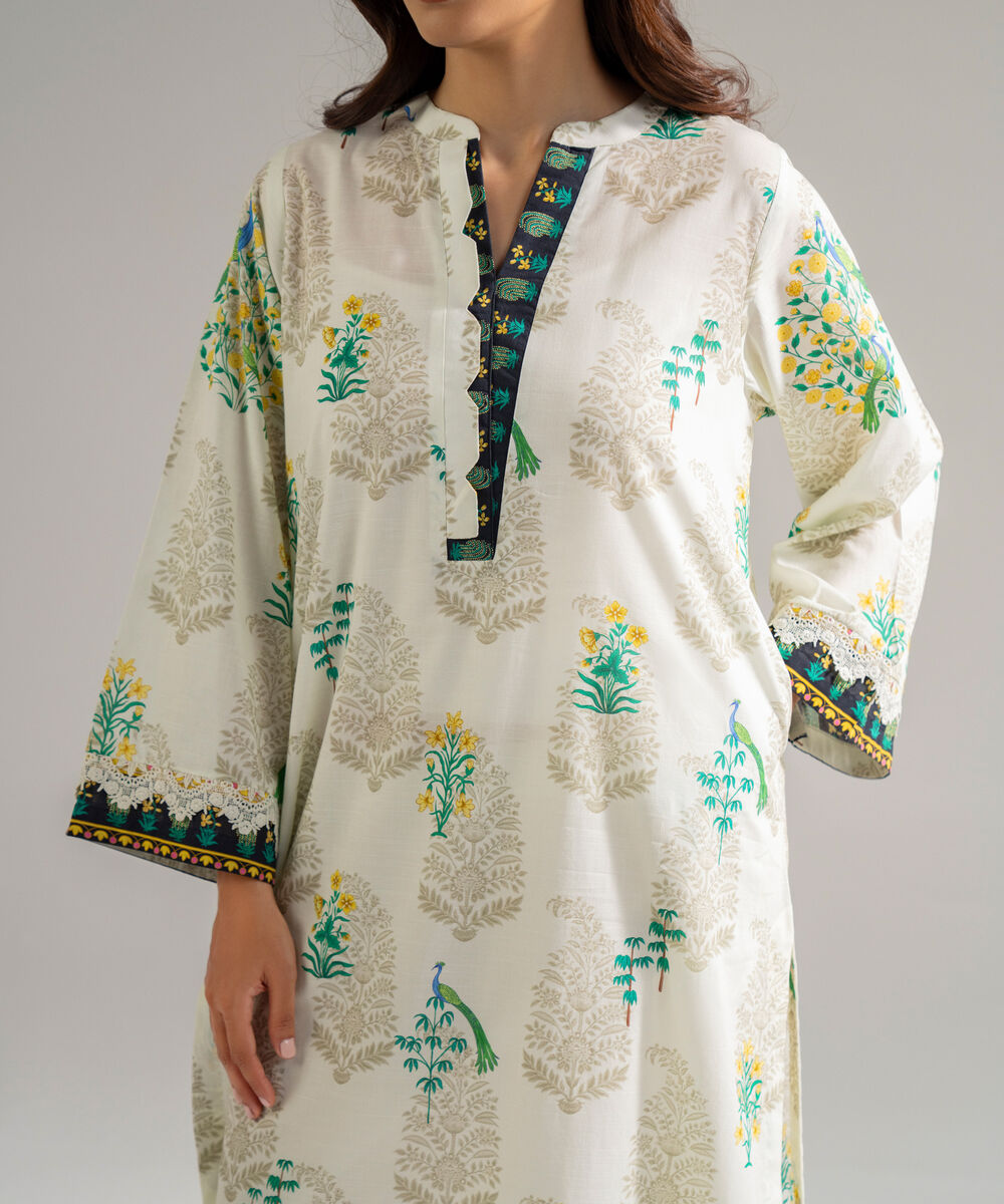 Women's RTW Slub Lawn Printed Off White Straight Shirt
