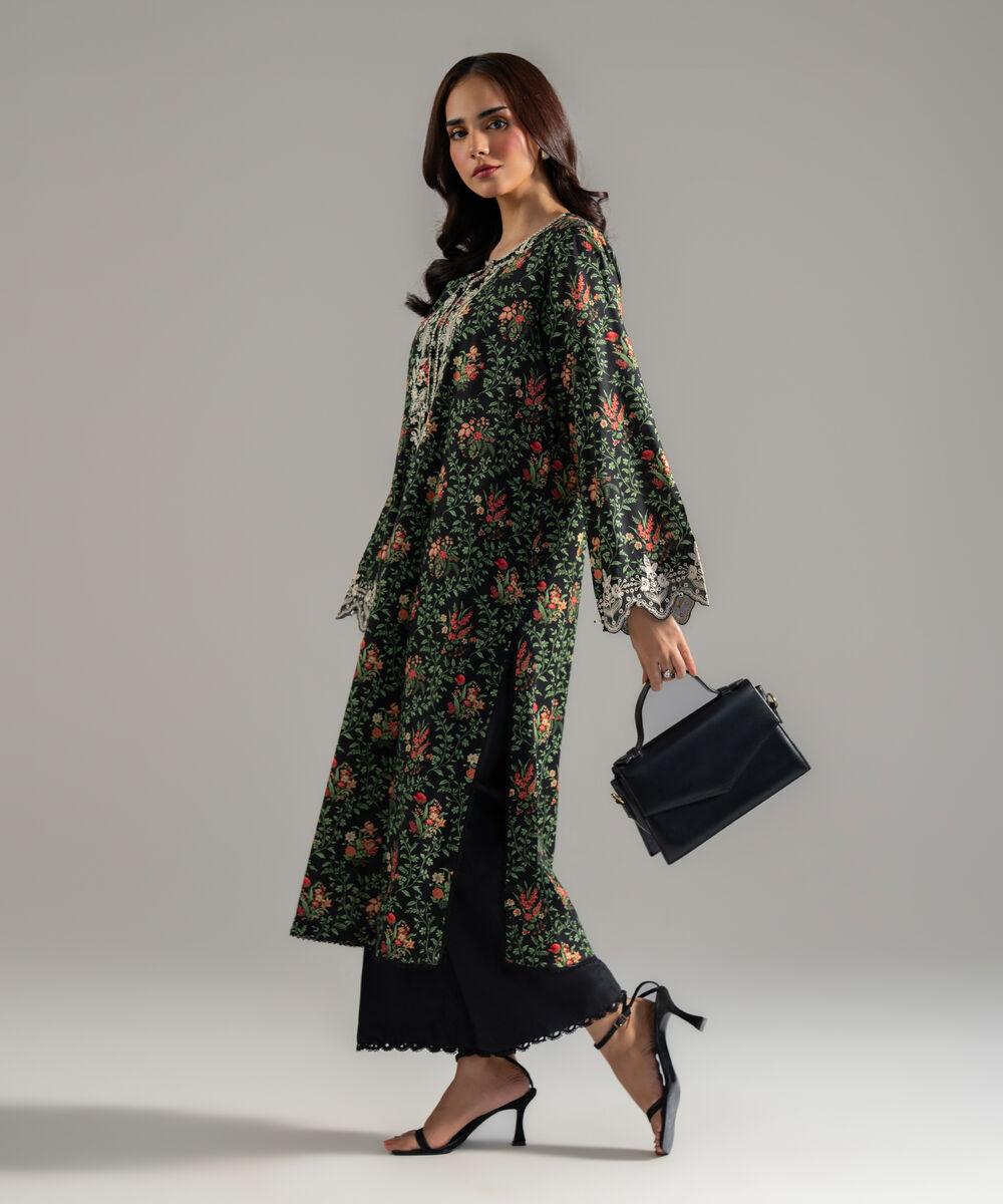 Women's RTW Cotton Viscose Printed Embroidered Black Straight Shirt