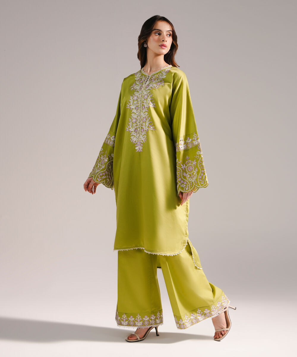 Women's RTW Cotton Satin Embroidered Straight Green Shirt