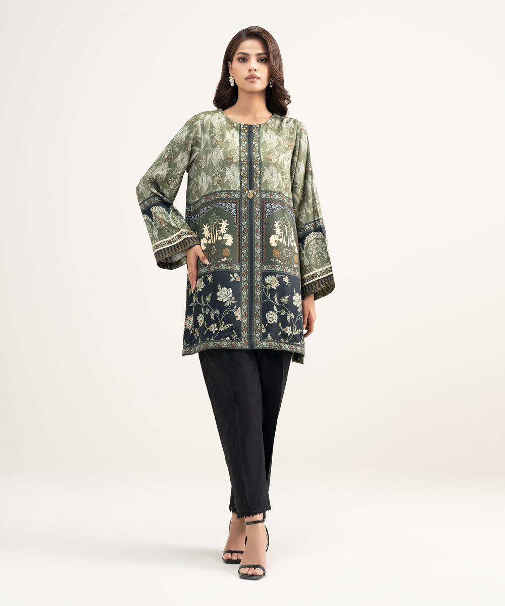 Women's RTW Premium Visocose Satin Printed Green Straight Shirt