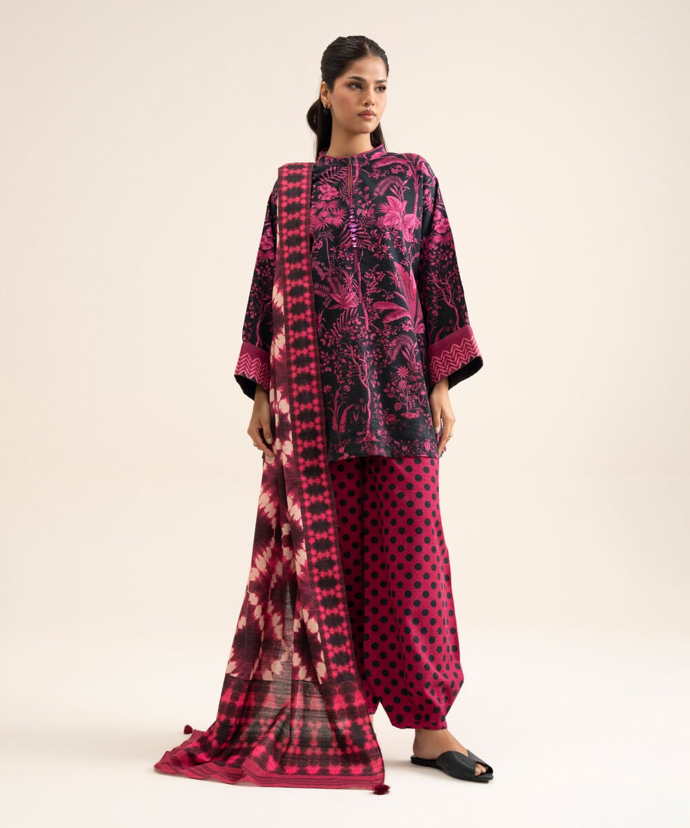 Women's Unstitched Premium Khaddar Printed Pink 3 Piece Suit