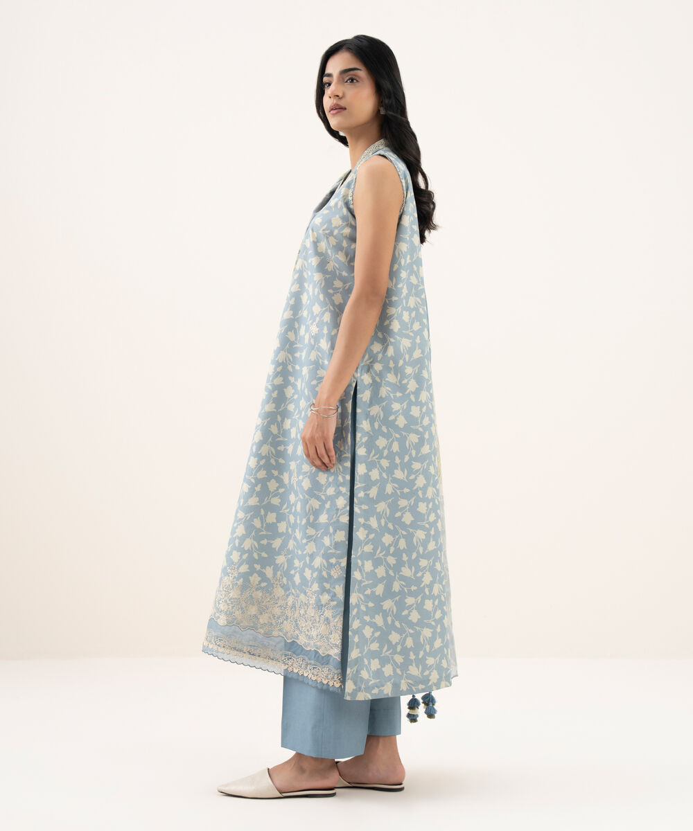 Women's Unstitched Zari Lawn Embroidered Blue 3 Piece Suit