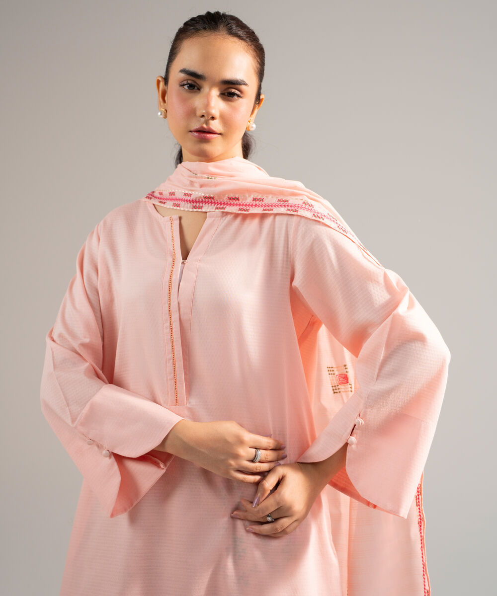 Women's RTW Dobby Solid Pink 3 Piece Suit