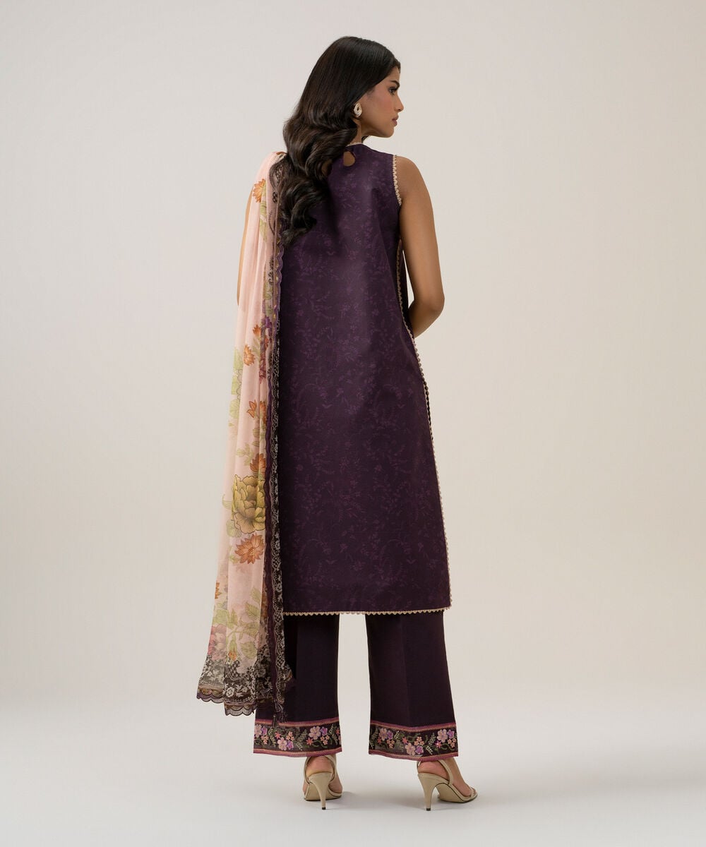 Women's Unstitched Blended Chiffon Embroidered Plum 3 Piece Suit