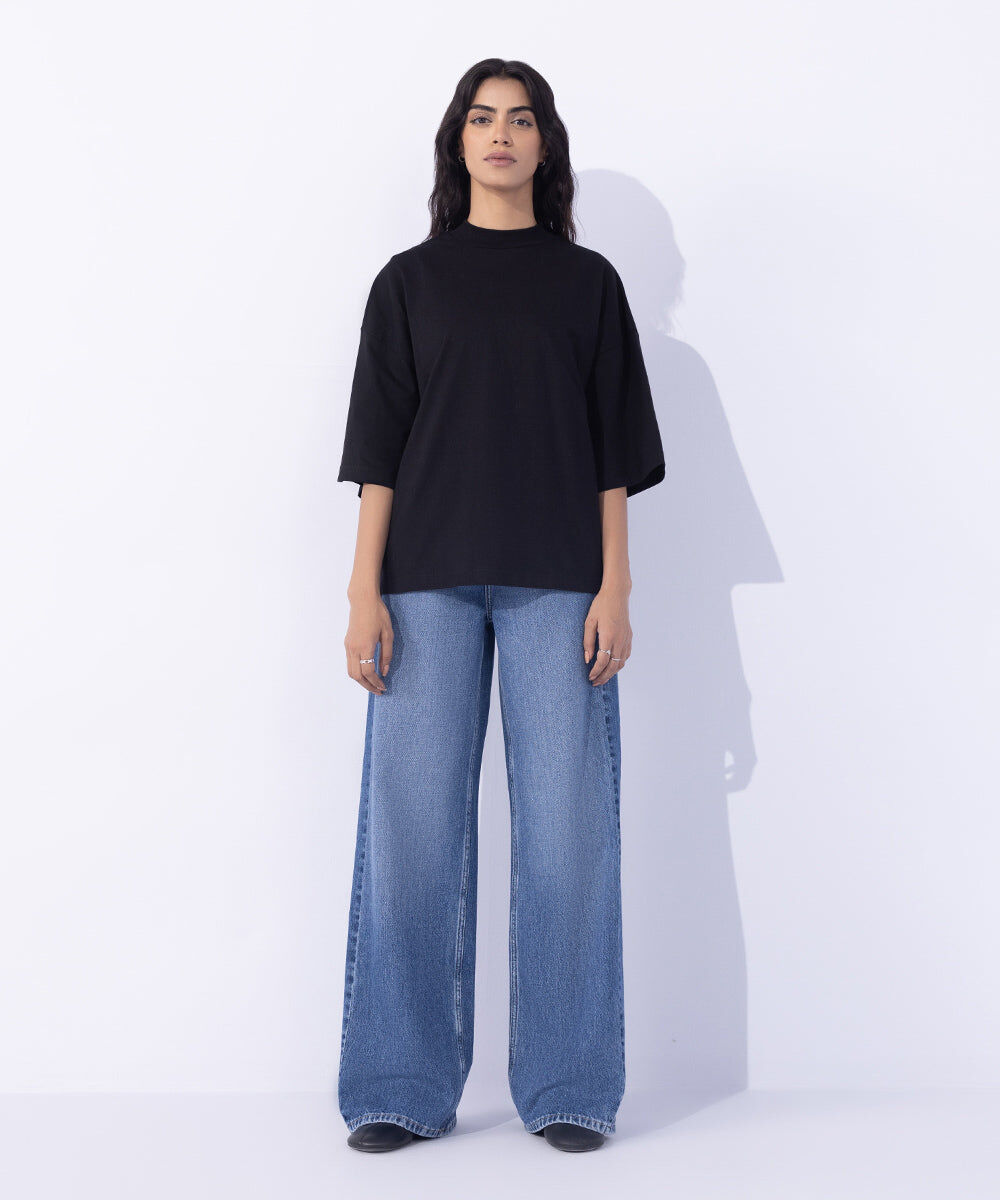 Woman - Black T-Shirt with Raised Neck