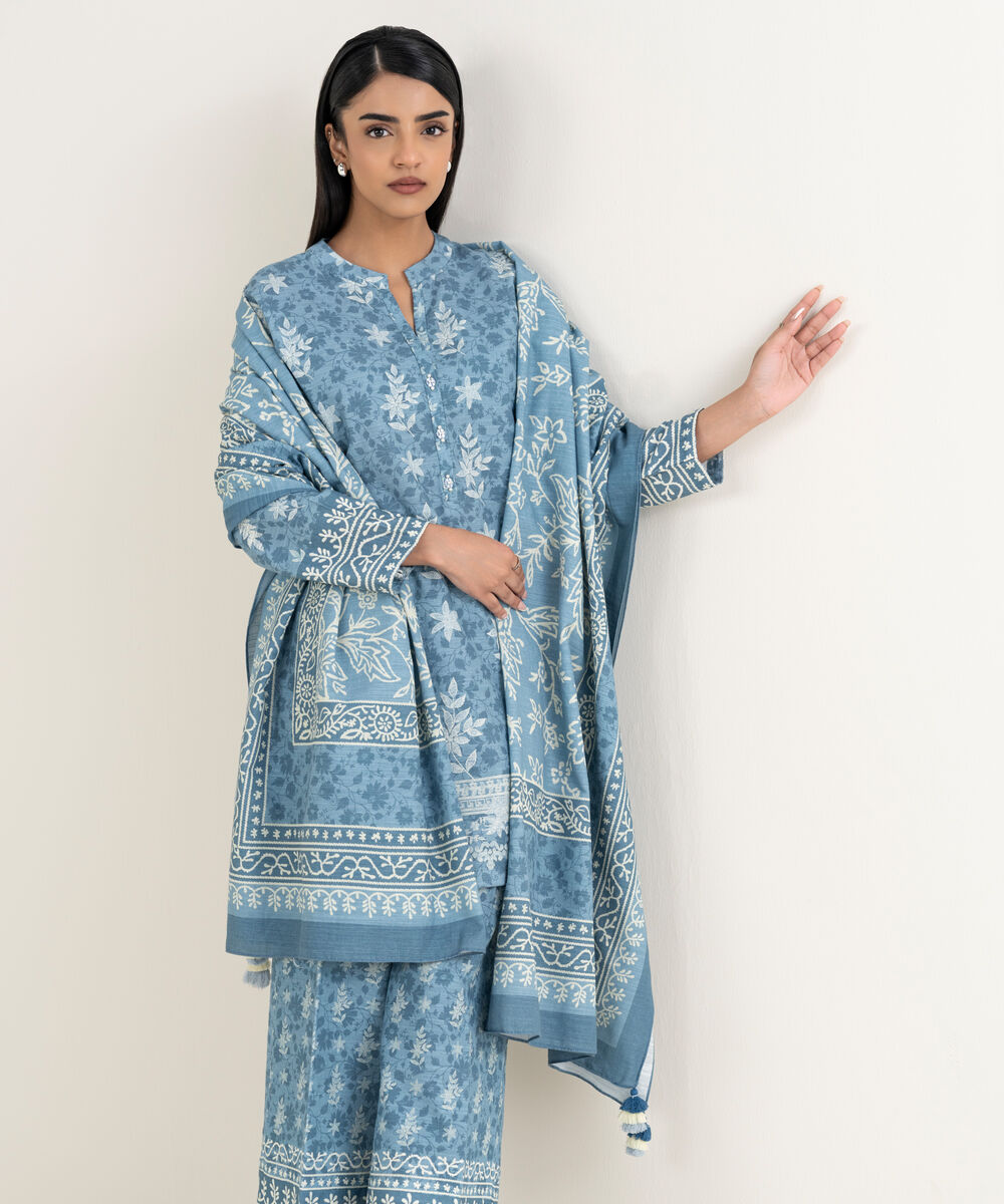Women's Unstitched Printed Khaddar Blue 3 Piece Suit