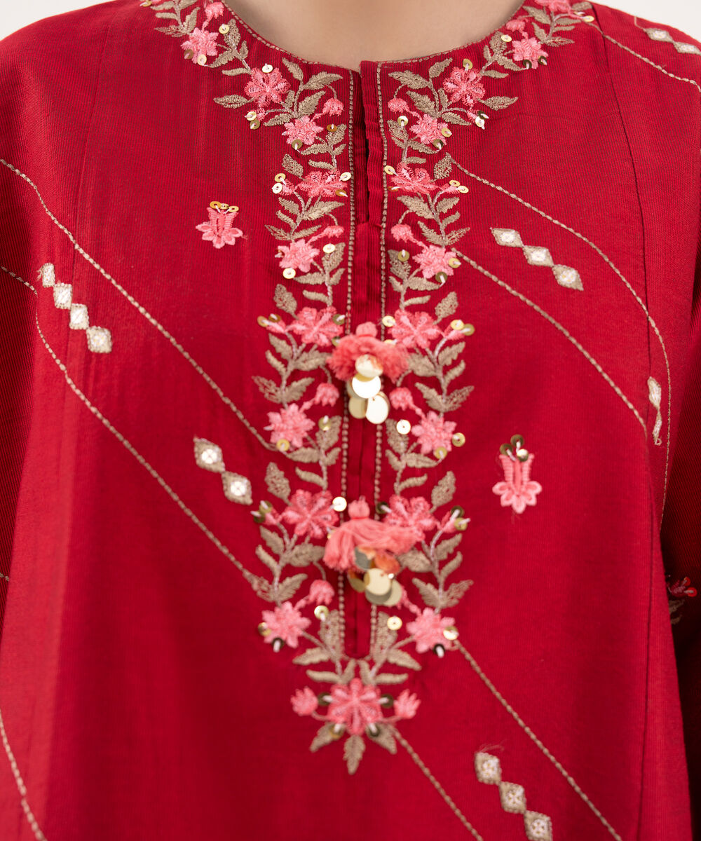 Women's RTW Silk Cotton Net Red Embroidered 3 Piece Suit