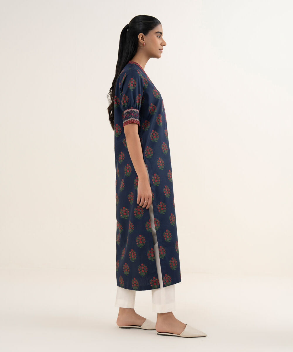 Women's Unstitched Cotton Printed Blue Shirt