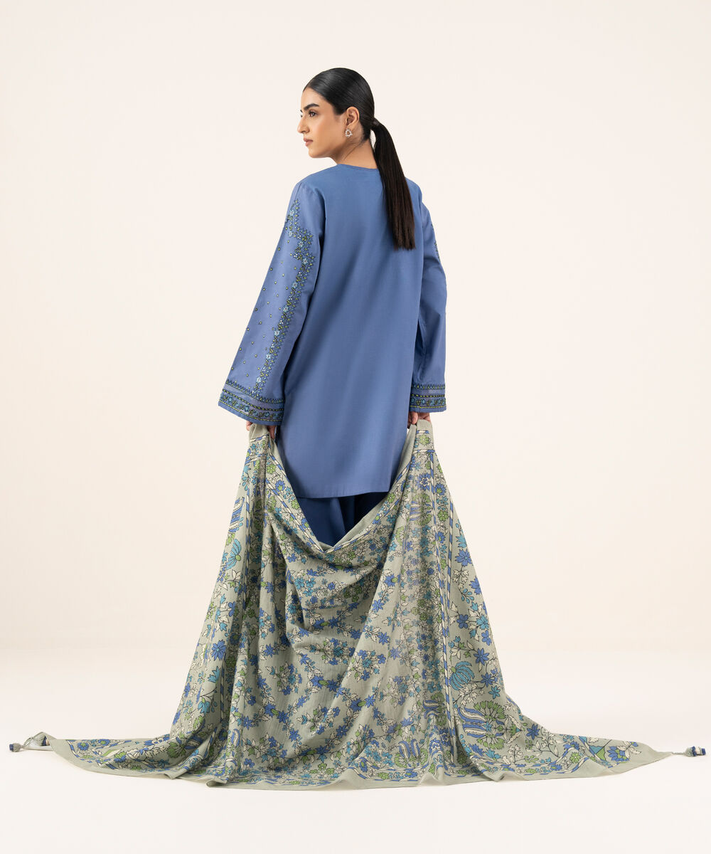 Women's Unstitched Textured Cotton Embroidered Blue 2 Piece Suit