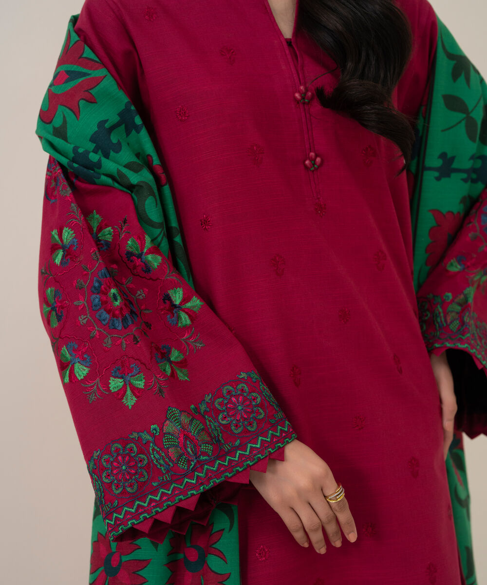 Women's Unstitched Basic Khaddar Embroidered Pink 3 Piece Suit