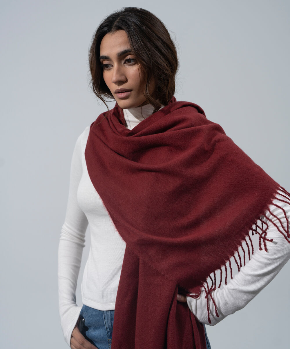 Women's Western Wear Red Polyester Solid Woolen Scarf