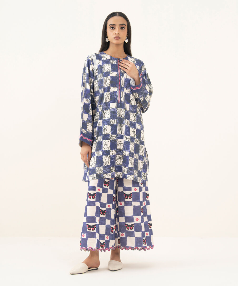 Women's RTW Herringbone Embroidered Blue Straight Shirt