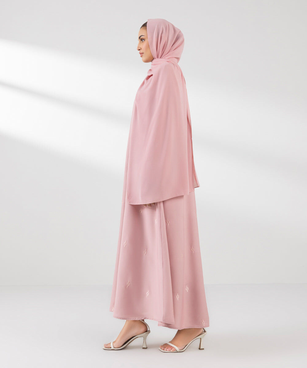 Woman - Pink Embroidered Button Through Abaya Set