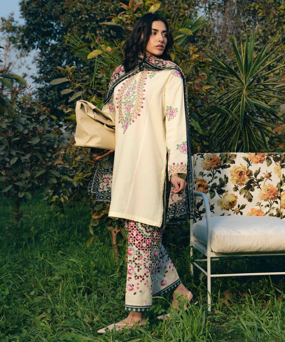 Women's RTW Dobby Embroidered Off White Straight Shirt