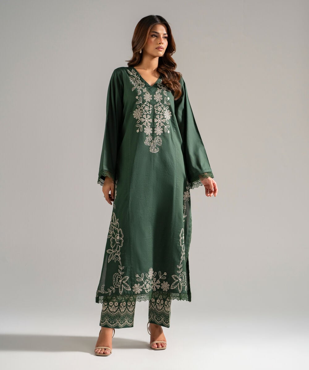 Women's RTW Dobby Embroidered Green 2 Piece Suit