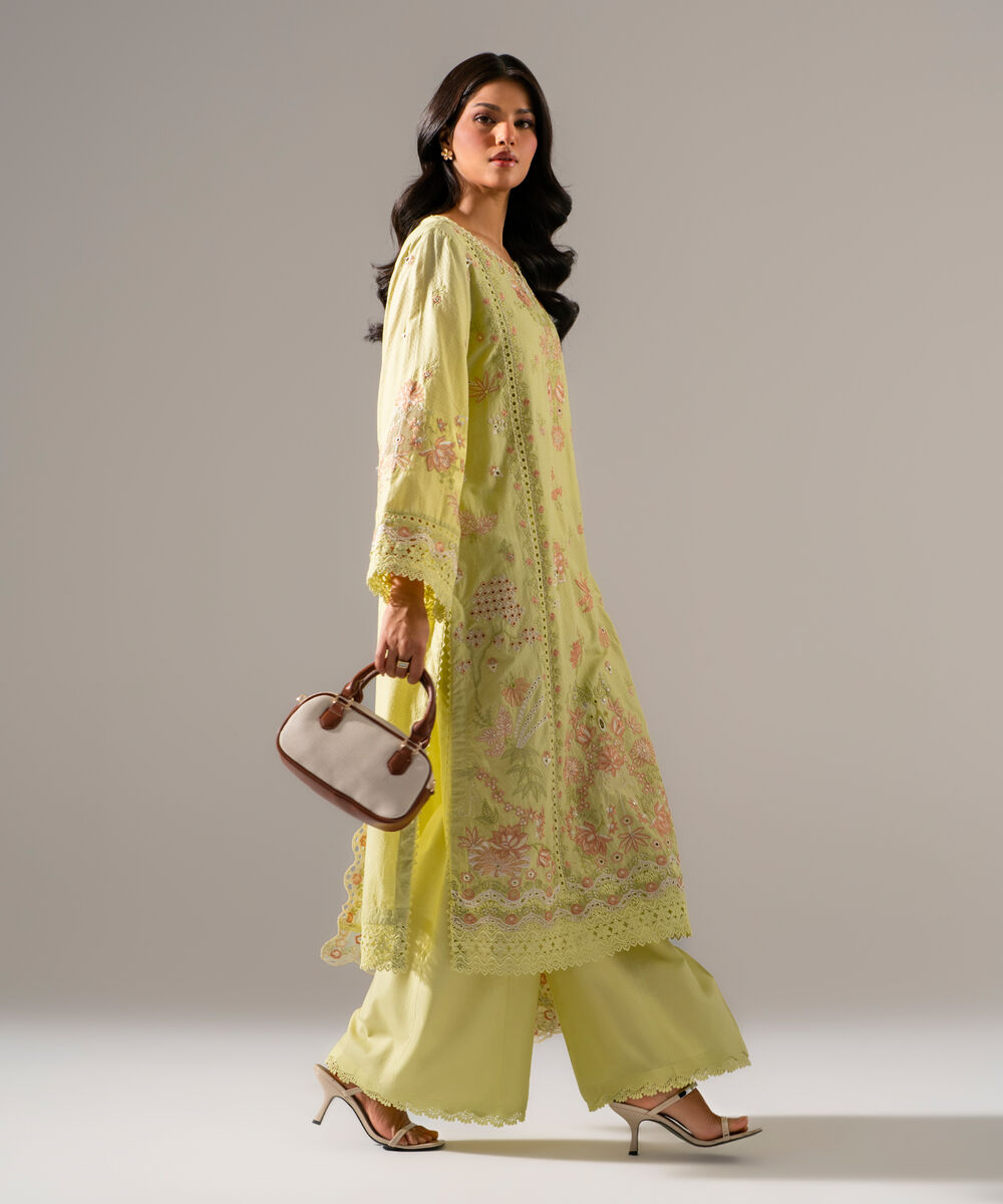 Women's RTW Dobby Solid Embroidered Yellow 3 Piece Suit