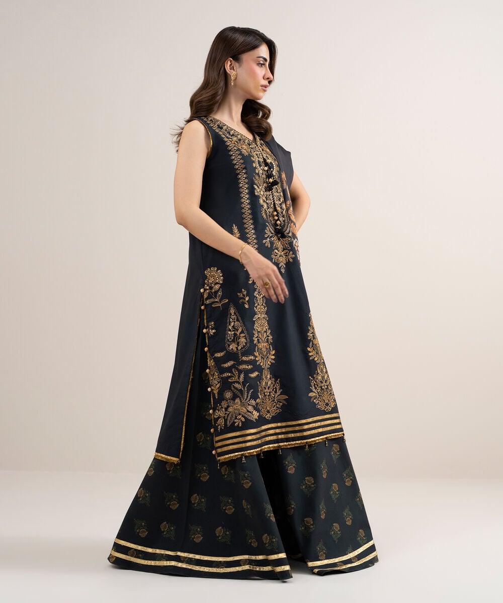 Women's Unstitched Dobby Embroidered Black 3 Piece Suit