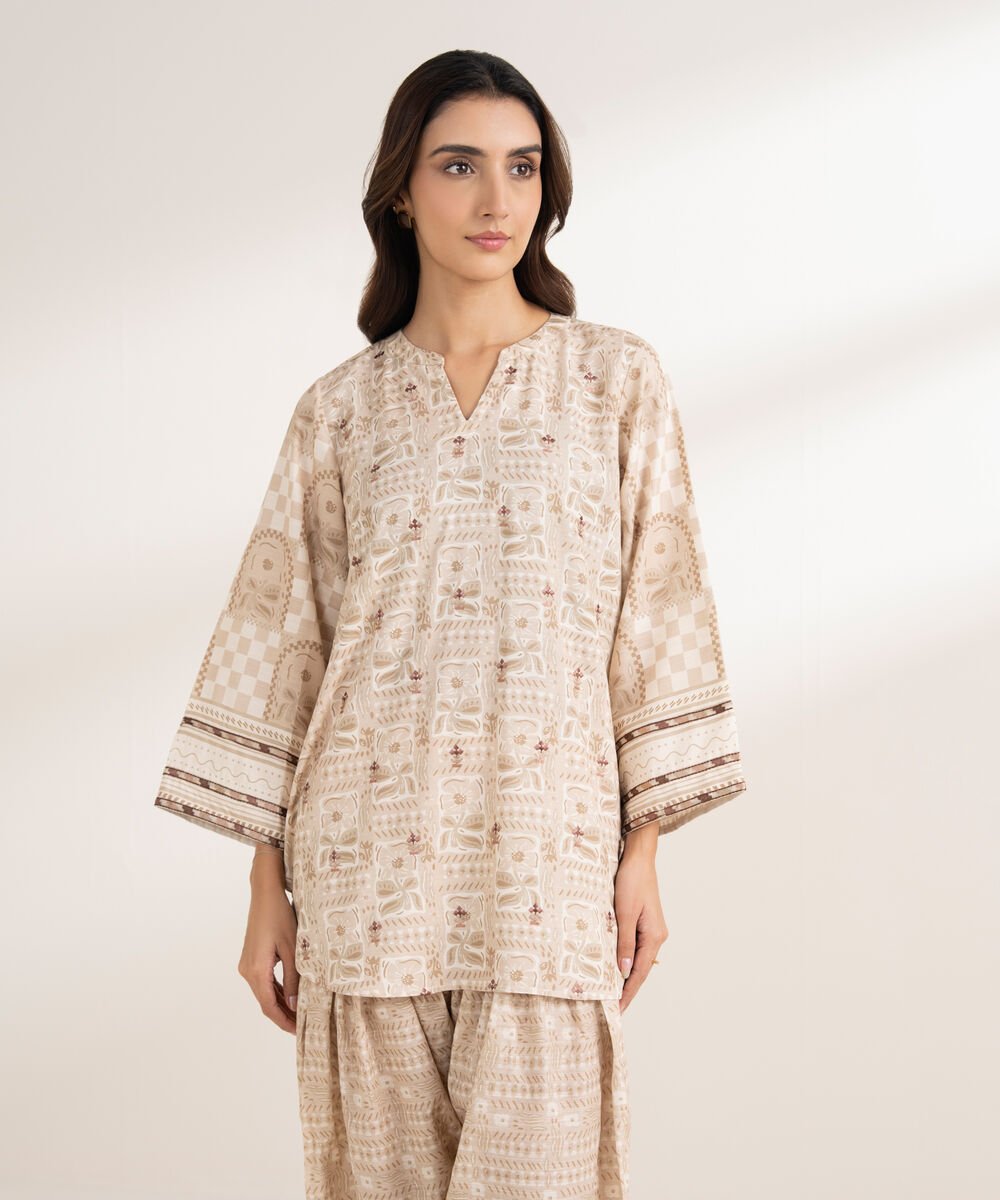 Women's RTW Arabic Khaddar Embroidered Straight Beige Shirt