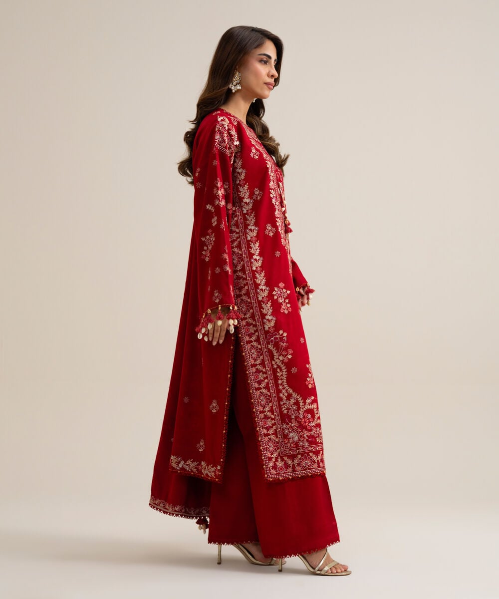Womens Unstitched Marina Embroidered Red 3 Piece Suit