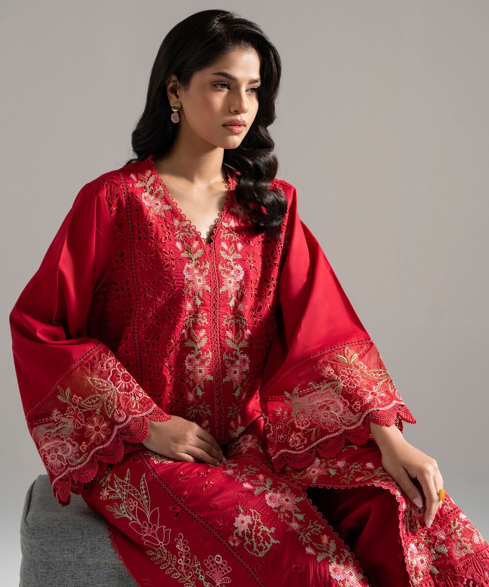 Women's RTW Lawn Embroidered Red 2 Piece Suit