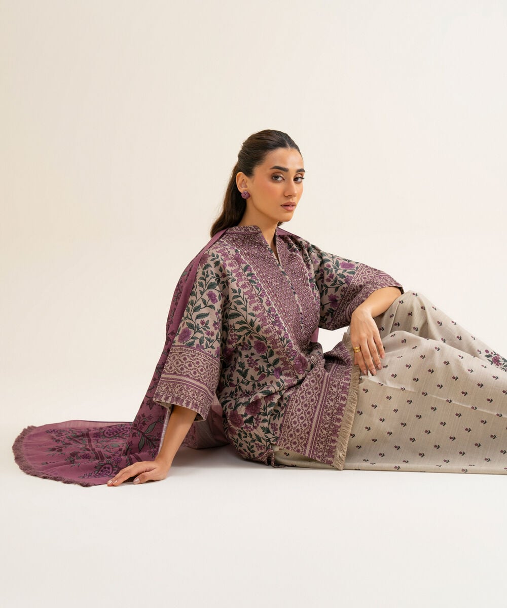 Women's Unstitched Cotton Printed Tea Pink 3 Piece Suit