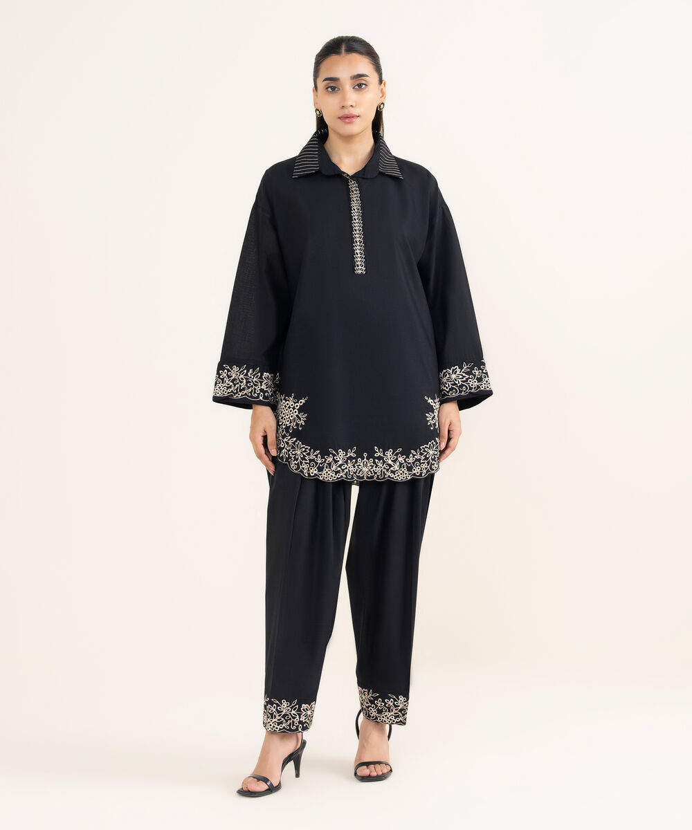 Women's RTW Cross Hatch Black Embroidered Boxy Shirt