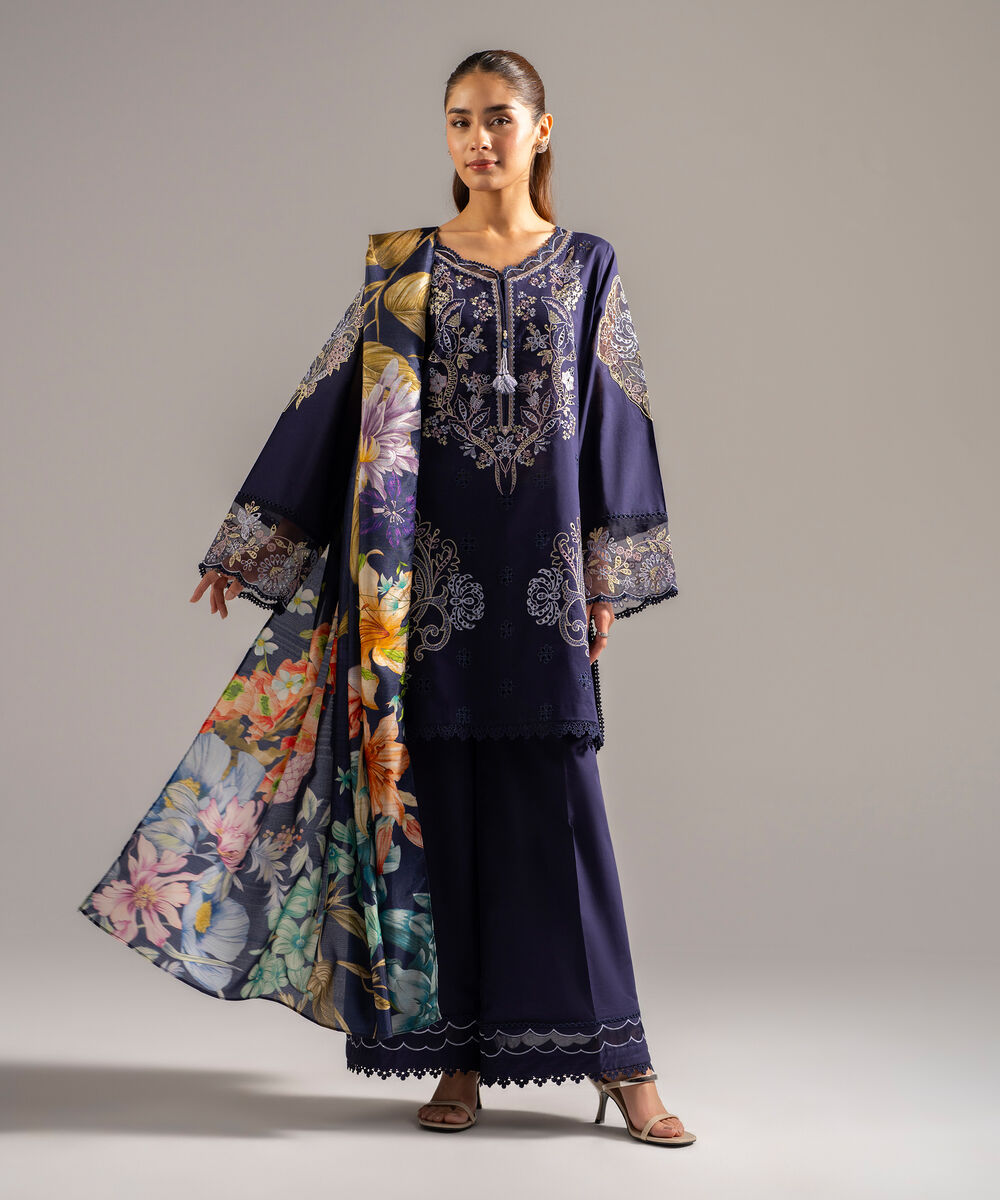 Women's RTW Slub Lawn Embroidered Dark Blue 3 Piece Suit