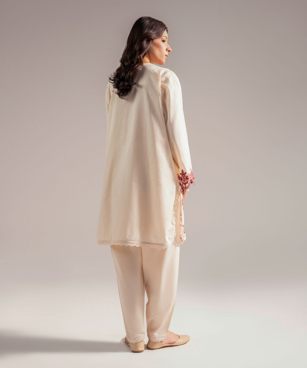 Women's RTW Self Jacquard Embroidered Straight Off White Shirt