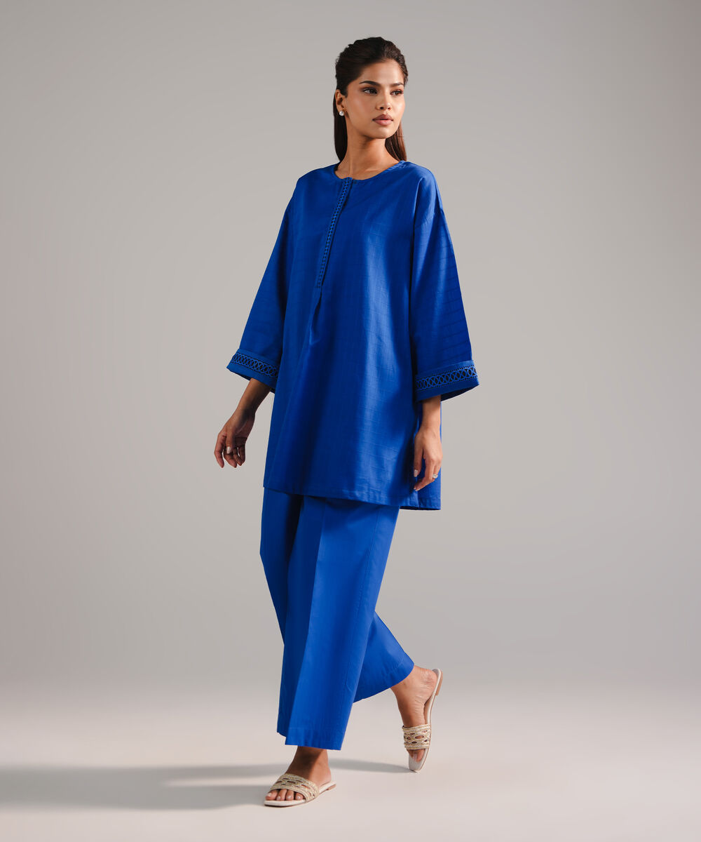 Women's RTW Dobby Embroidered Dark Blue 2 Piece Suit