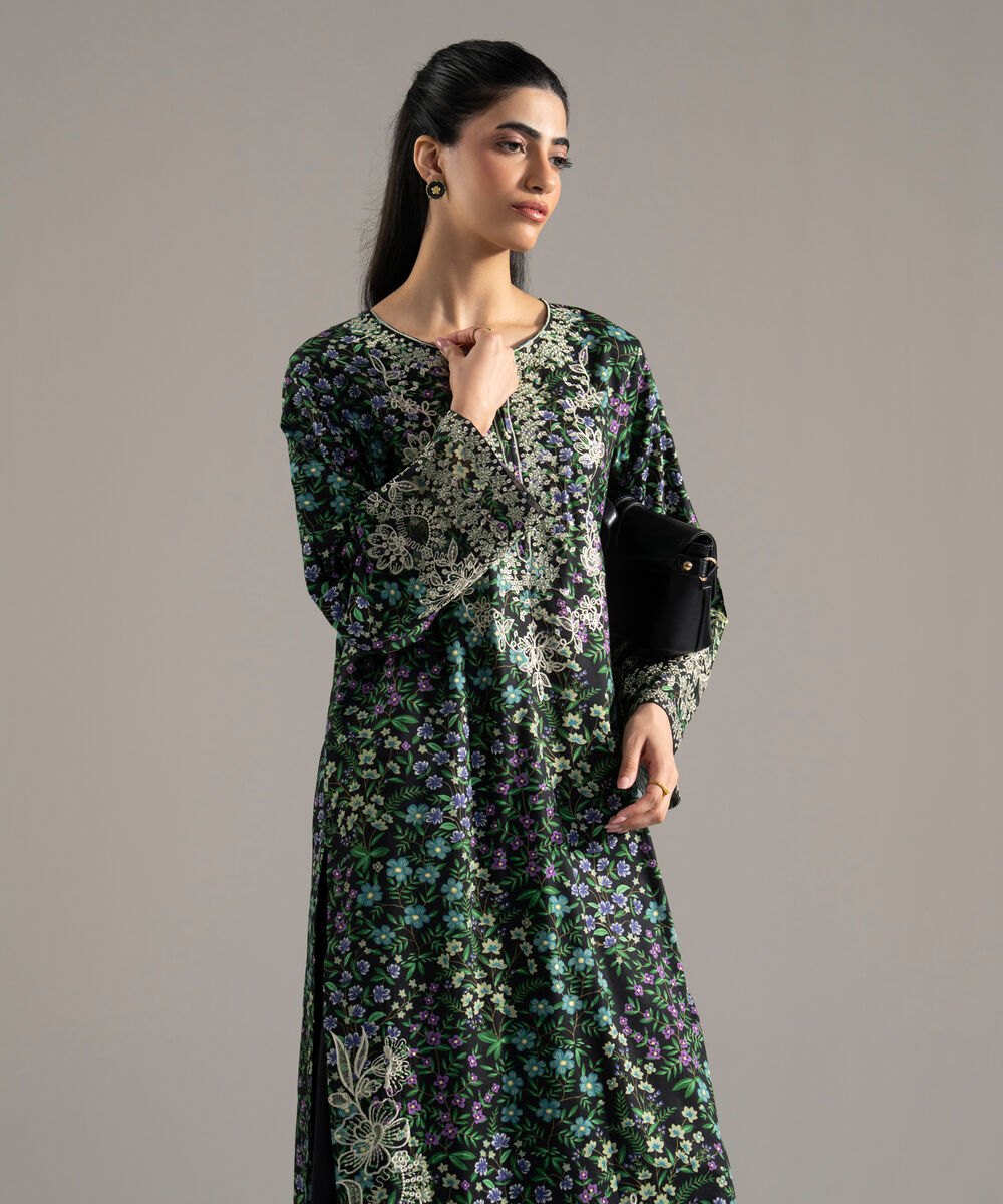 Women's RTW Cotton Viscose Printed Embroidered Black 2 Piece Suit
