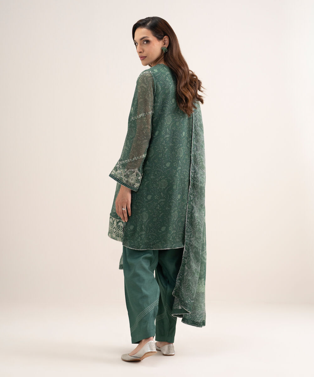 Women's Unstitched Blended Chiffon Embroidered Green 3 Piece Suit