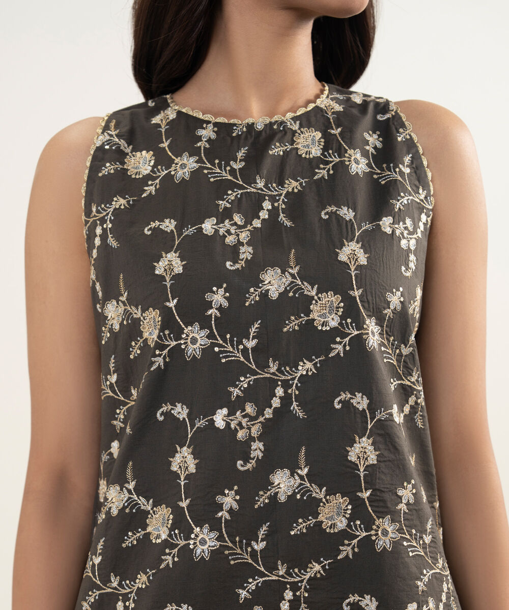 Women's Unstitched Textured Lawn Brown Embroidered 3 Piece Suit