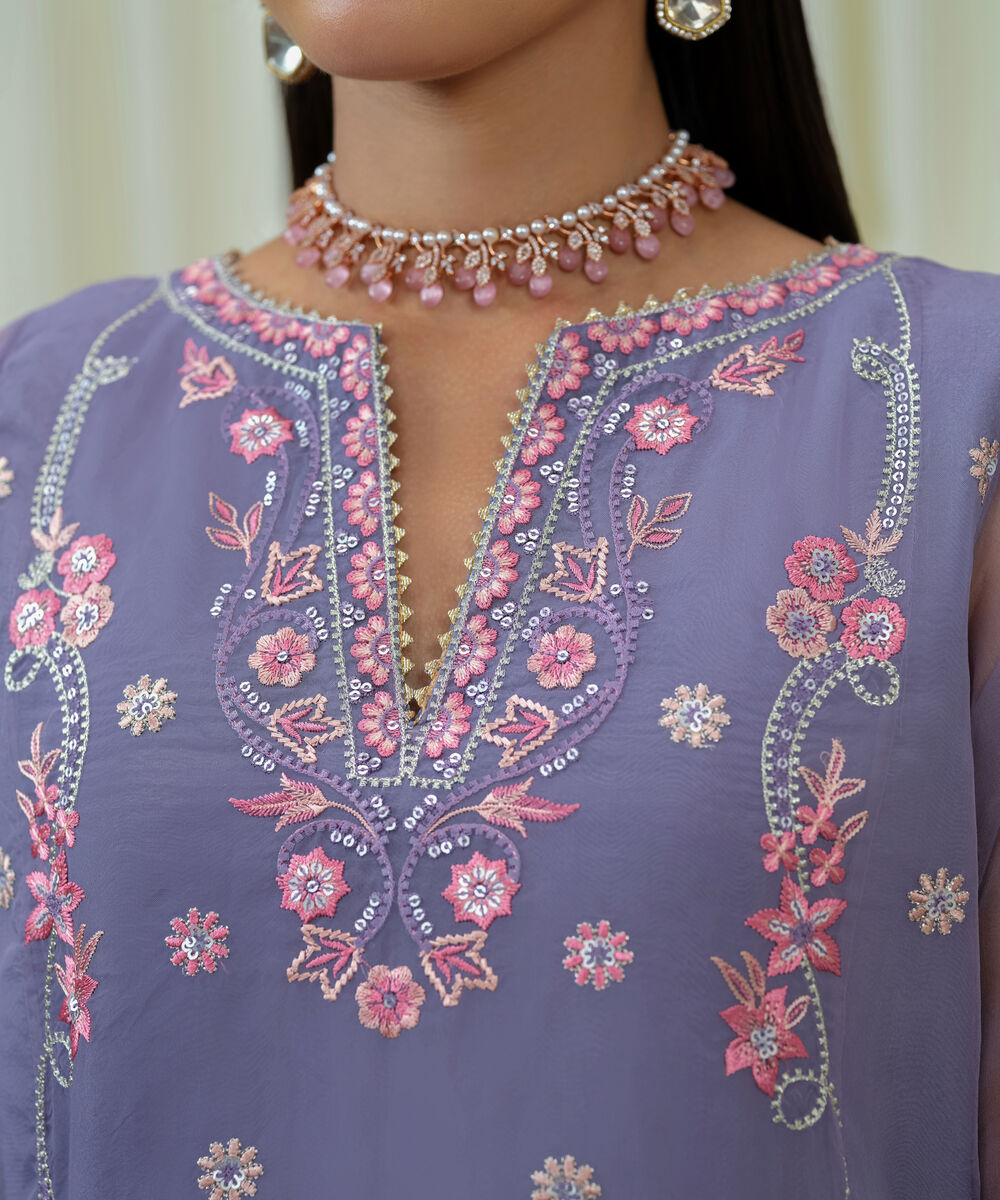 Women's Unstitched Blended Organza Embroidered Grey 3 Piece Suit