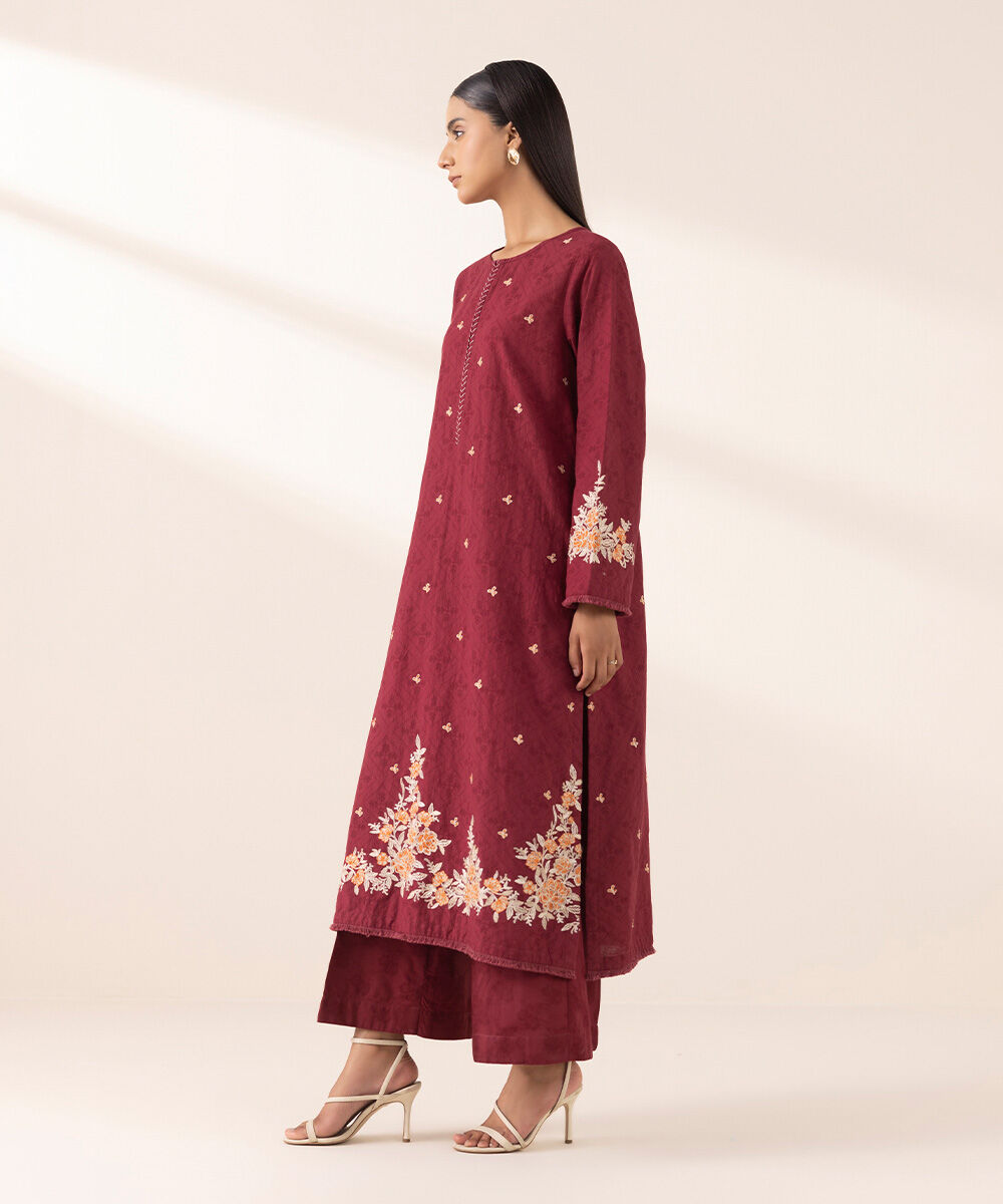 Women's Pret Yarn Dyed Red Embroidered A-Line Shirt