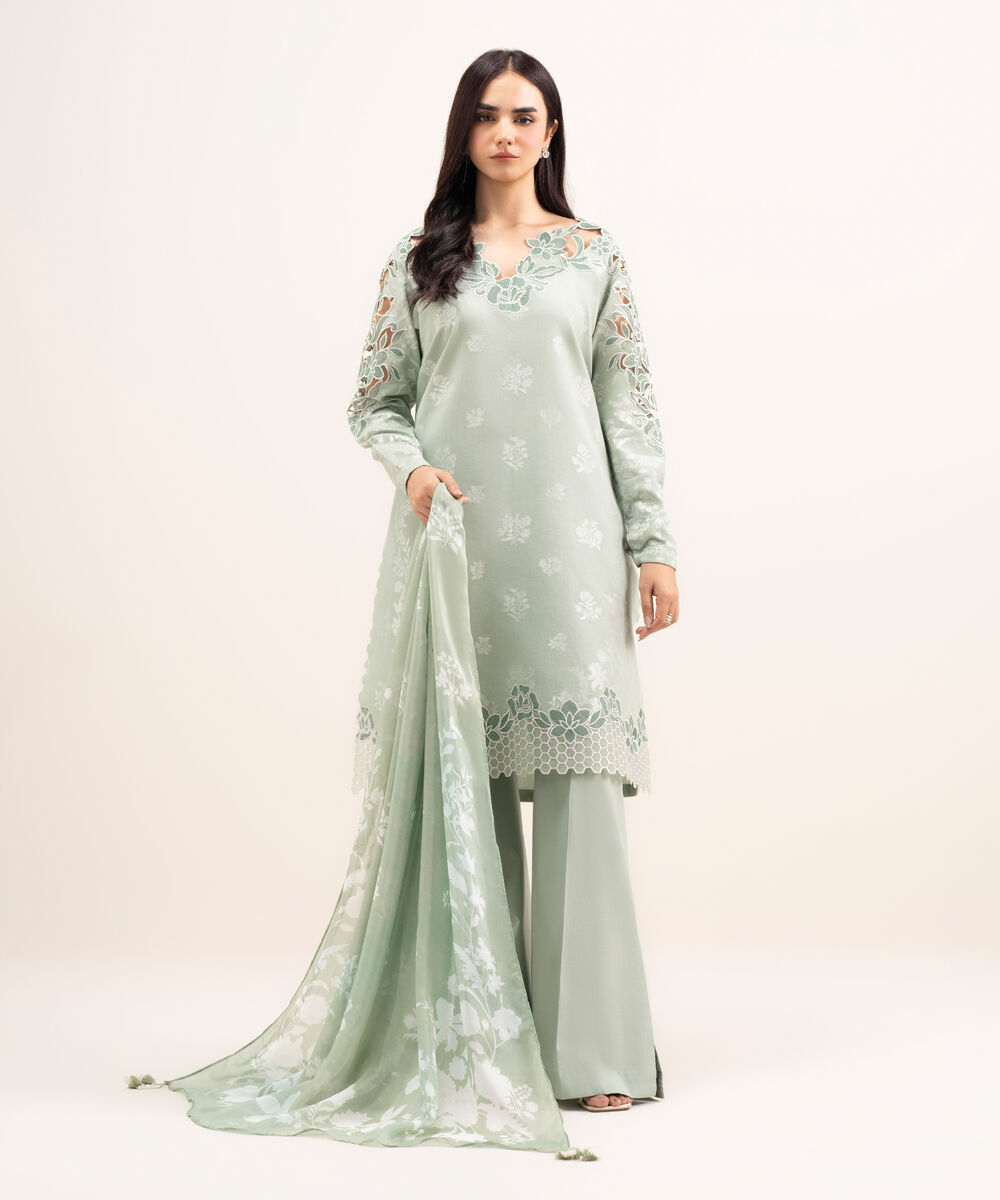 Women's Unstitched Extra Weft Jacquard Embroidered Green 3 Piece Suit