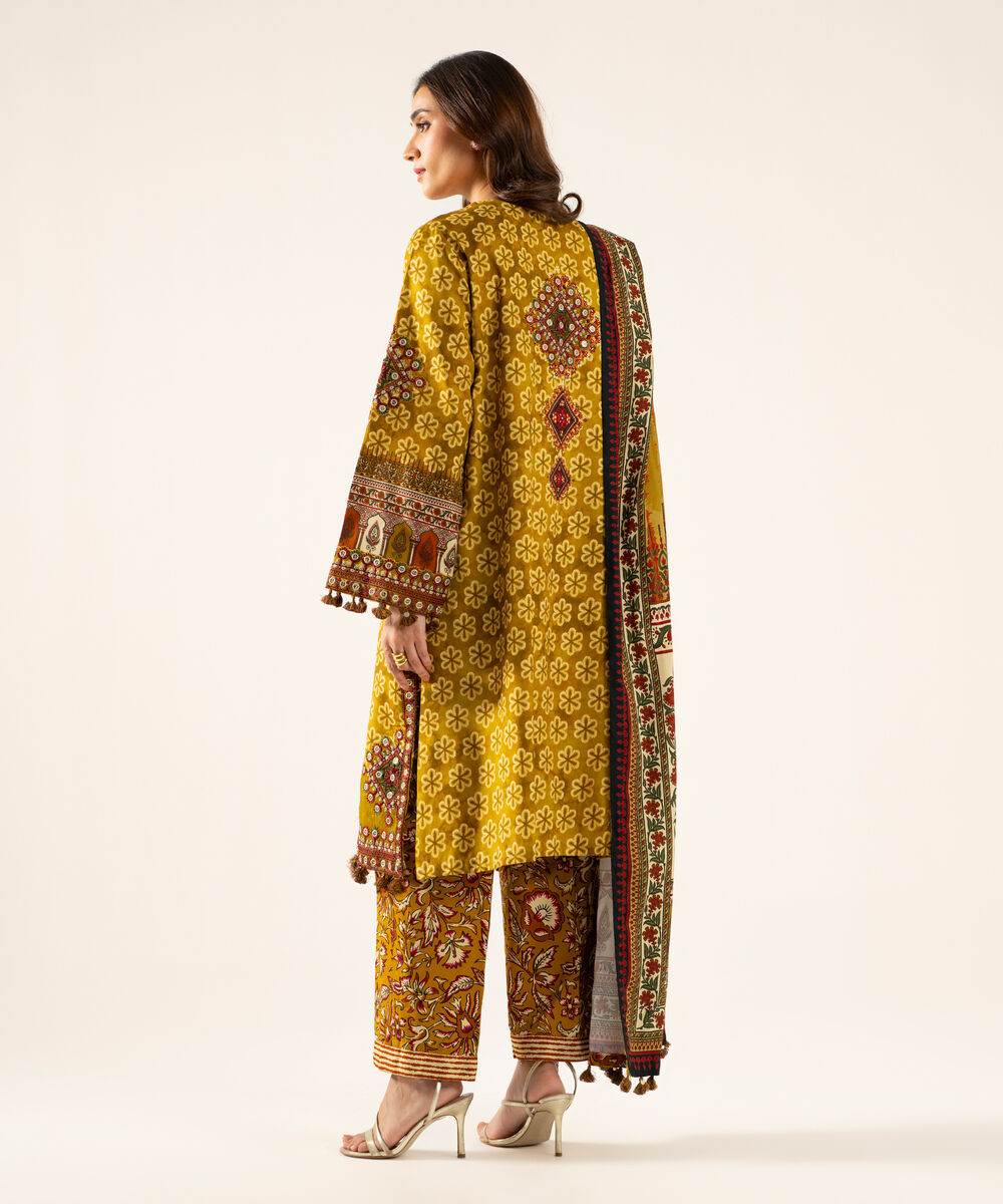 Women's Unstitched Linen Printed Mustard 3 Piece Suit